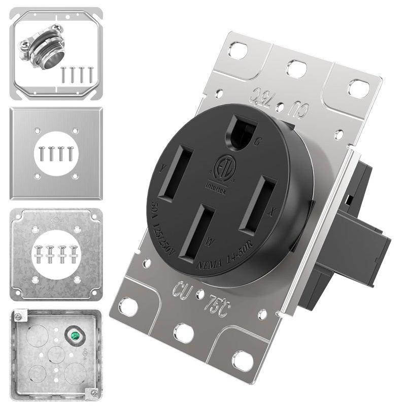 HYDUUU NEMA 14-50 240V Range Outlet Box Installation Kit ETL 4-Prong 50A RV Receptacle UL 4" 2-Gang Metal Electrical Box Plaster Ring Surface Flush Mount Exposed Work Cover Faceplate Clamp Connector - Image 3
